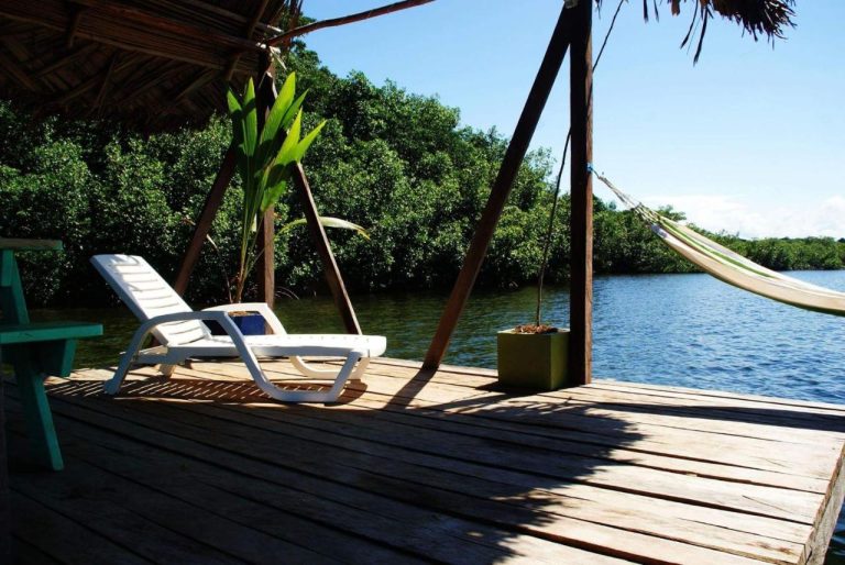 A white lounger and a hammock on a wooden dock beside the water, with mangroves behind.