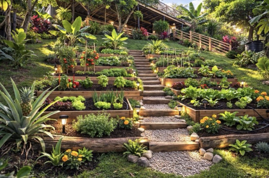 Terraced vegetable beds with a stone stair path leading up through a tropical garden.
