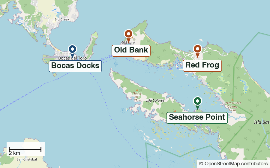 Map showing the boat pick-up points at Bocas Docks, Old Bank and Red Frog, and Seahorse Point