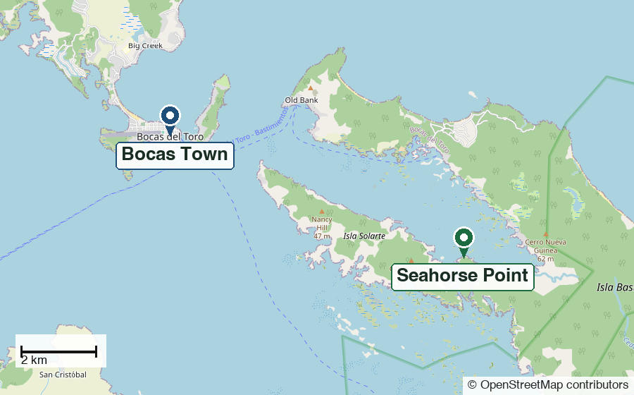 A map showing Bocas Town on Isla Colón and, to the east across the water, Seahorse Point on Isla Bastimentos.