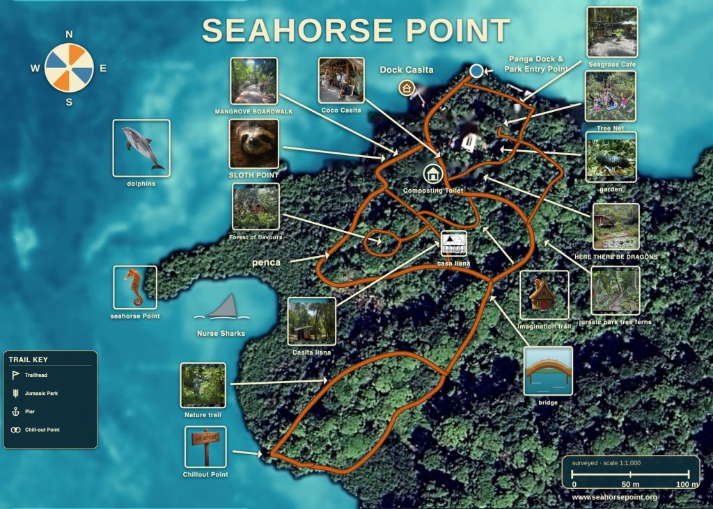 Map of Seahorse Point showing the trails, buildings and viewpoints over an aerial photo of the reserve.
